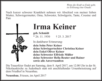 Traueranzeige von Irma Keiner von Südthüringer Presse