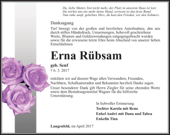 Traueranzeige von Erna Rübsam von Südthüringer Presse