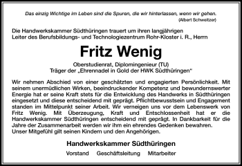 Traueranzeige von Fritz Wenig von Südthüringer Presse