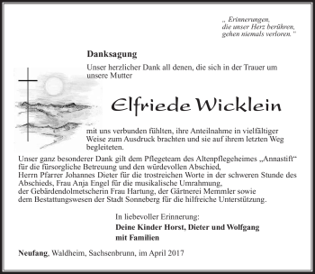 Traueranzeige von Elfriede Wicklein von Südthüringer Presse