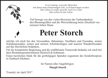 Traueranzeige von Peter Storch von Südthüringer Presse