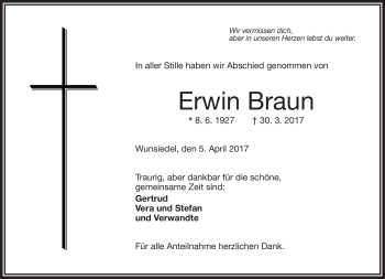 Traueranzeige von Erwin Braun von Frankenpost
