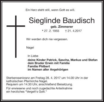 Traueranzeige von Sieglinde Baudisch von Frankenpost