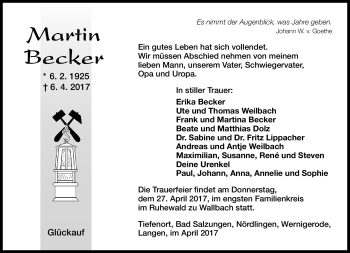 Traueranzeige von Martin Becker von Südthüringer Presse