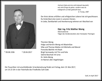 Traueranzeige von Fritz Wenig von Südthüringer Presse