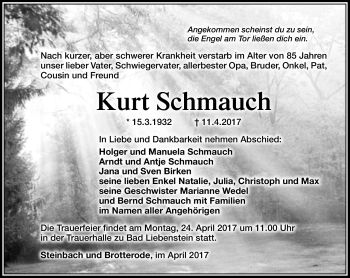 Traueranzeige von Kurt Schmauch von Südthüringer Presse