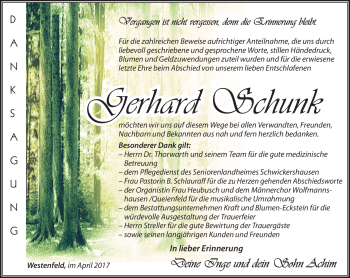 Traueranzeige von Gerhard Schunk von Südthüringer Presse