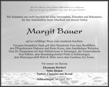 Traueranzeige von Margit Bauer von Südthüringer Presse