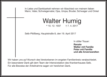 Traueranzeige von Walter Humig von Frankenpost