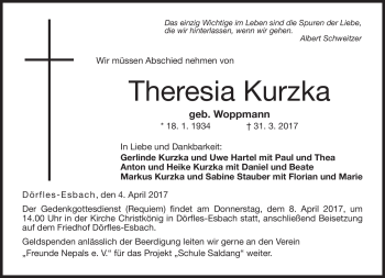 Traueranzeige von Theresia Kurzka von Neue Presse Coburg