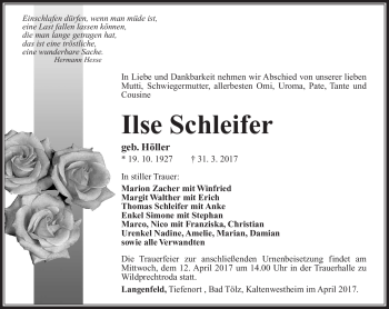 Traueranzeige von Ilse Schleifer von Südthüringer Presse