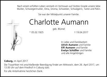 Traueranzeige von Charlotte Aumann von Neue Presse Coburg
