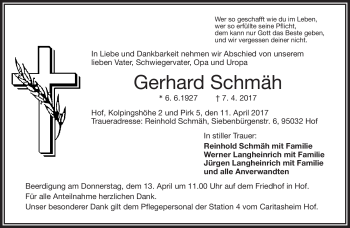 Traueranzeige von Gerhard Schmäh von Frankenpost