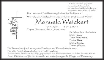 Traueranzeige von Manuela Weickert von Frankenpost