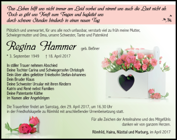 Traueranzeige von Regina Hammer von Südthüringer Presse