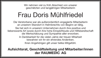 Traueranzeige von Doris Mühlfriedel von Frankenpost