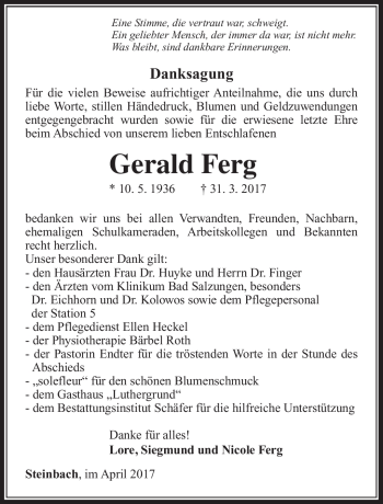 Traueranzeige von Gerald Ferg von Südthüringer Presse
