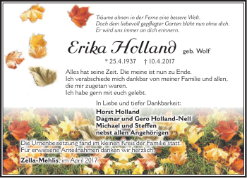 Traueranzeige von Erika Holland von Südthüringer Presse