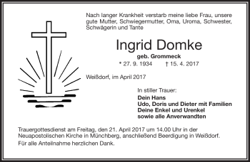 Traueranzeige von Ingrid Domke von Frankenpost