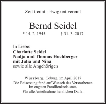 Traueranzeige von Bernd Seidel von Neue Presse Coburg