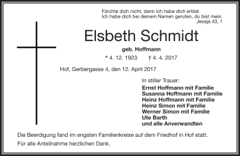 Traueranzeige von Elsbeth Schmidt von Frankenpost