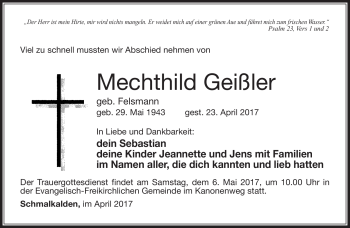 Traueranzeige von Mechthild Geißler von Südthüringer Presse