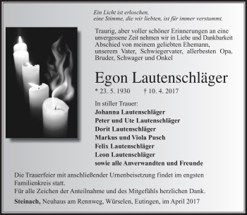 Traueranzeige von Egon Lautenschläger von Südthüringer Presse