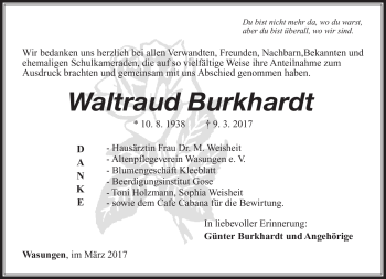 Traueranzeige von Waltraud Burkhard von Südthüringer Presse