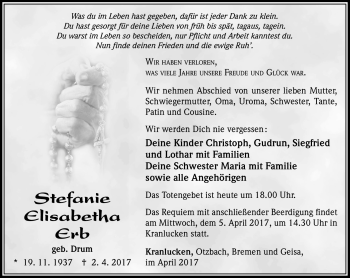 Traueranzeige von Stefanie Elisabetha Erb von Südthüringer Presse