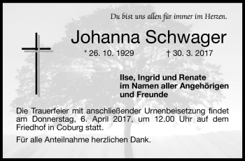 Traueranzeige von Johanna Schwager von Neue Presse Coburg