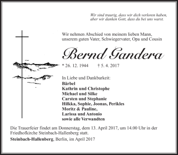 Traueranzeige von Bernd Gandera von Südthüringer Presse