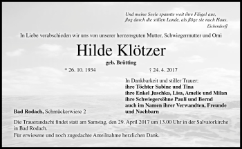Traueranzeige von Hilde Klötzer von Neue Presse Coburg