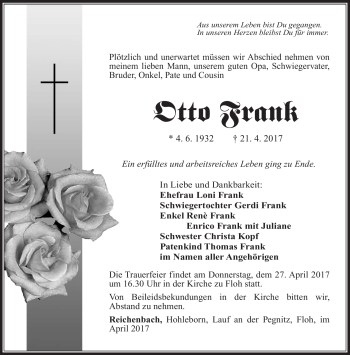 Traueranzeige von Otto Frank von Südthüringer Presse