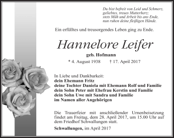 Traueranzeige von Hannelore Leifer von Südthüringer Presse