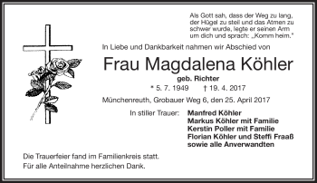 Traueranzeige von Magdalena Köhler von Frankenpost