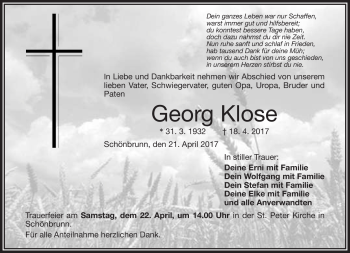 Traueranzeige von Georg Klose von Frankenpost