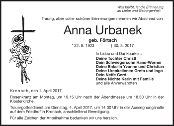 Traueranzeige von Anna Urbanek von Neue Presse Coburg