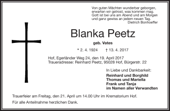 Traueranzeige von Blanka Peetz von Frankenpost