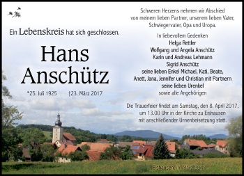 Traueranzeige von Hans Anschütz von Südthüringer Presse