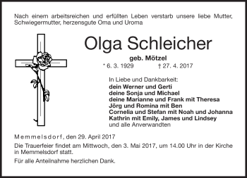 Traueranzeige von Olga Schleicher von Neue Presse Coburg