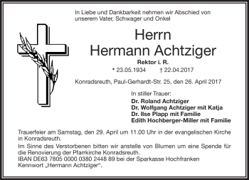 Traueranzeige von Hermann Achtziger von Frankenpost