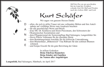 Traueranzeige von Kurt Schäfter von Südthüringer Presse
