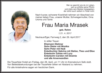 Traueranzeige von Maria Mrasek von Frankenpost