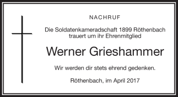 Traueranzeige von Werner Grieshammer von Frankenpost