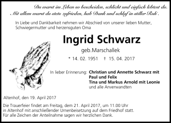 Traueranzeige von Ingrid Schwarz von Neue Presse Coburg