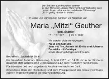 Traueranzeige von Maria Geuther von Neue Presse Coburg