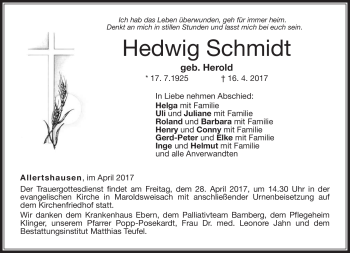 Traueranzeige von Hedwig Schmidt von Neue Presse Coburg