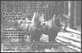 Traueranzeige von Herbert Langbein von Südthüringer Presse