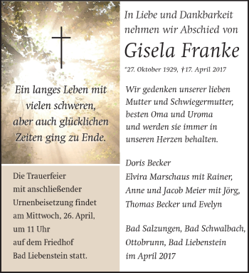 Traueranzeige von Gisela Franke von Südthüringer Presse