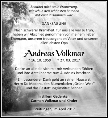 Traueranzeige von Andreas Volkmar von Südthüringer Presse